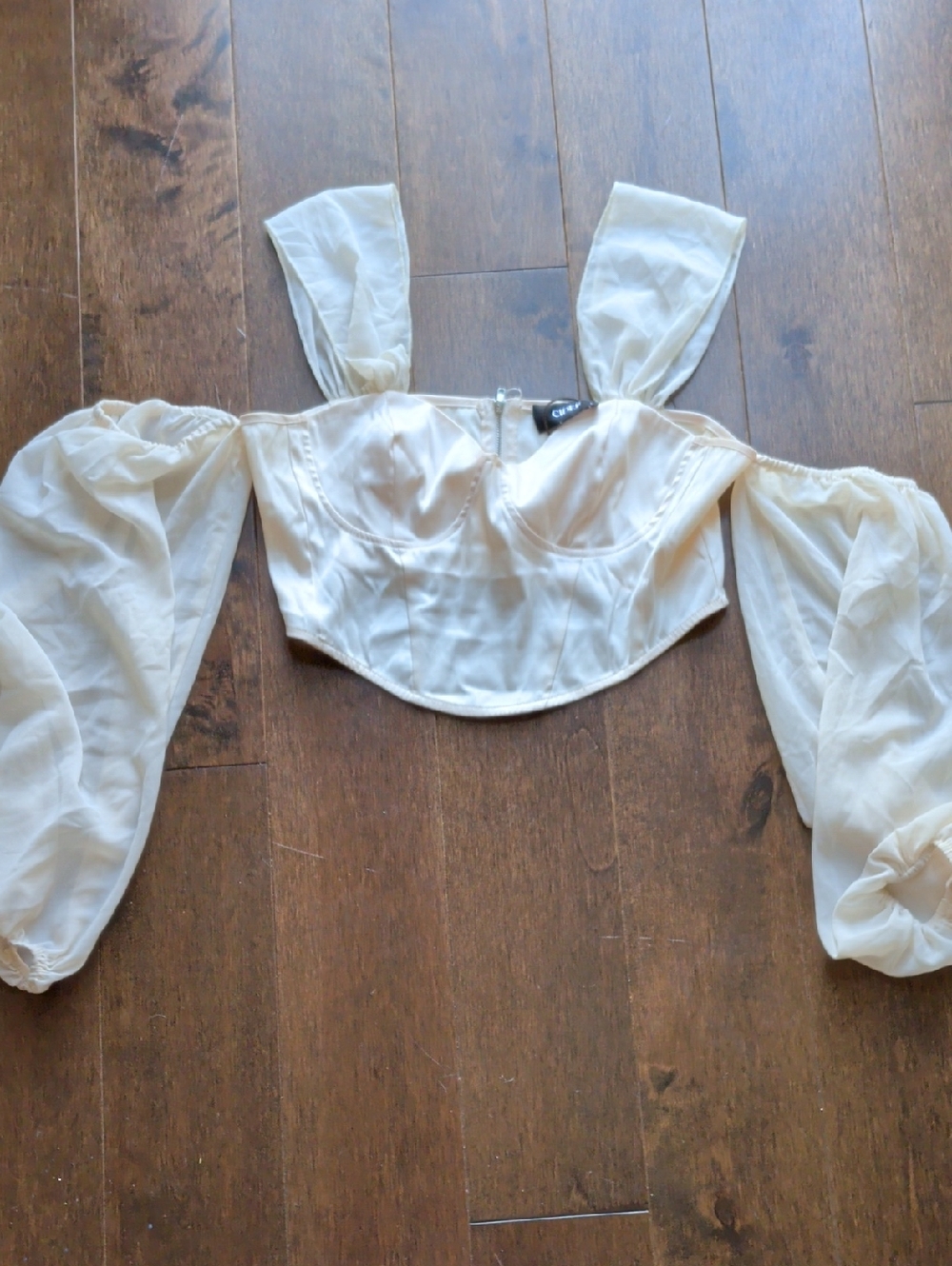 Cider Cream Off-Shoulder‎ Corset Crop Top with Sheer Puff Sleeves